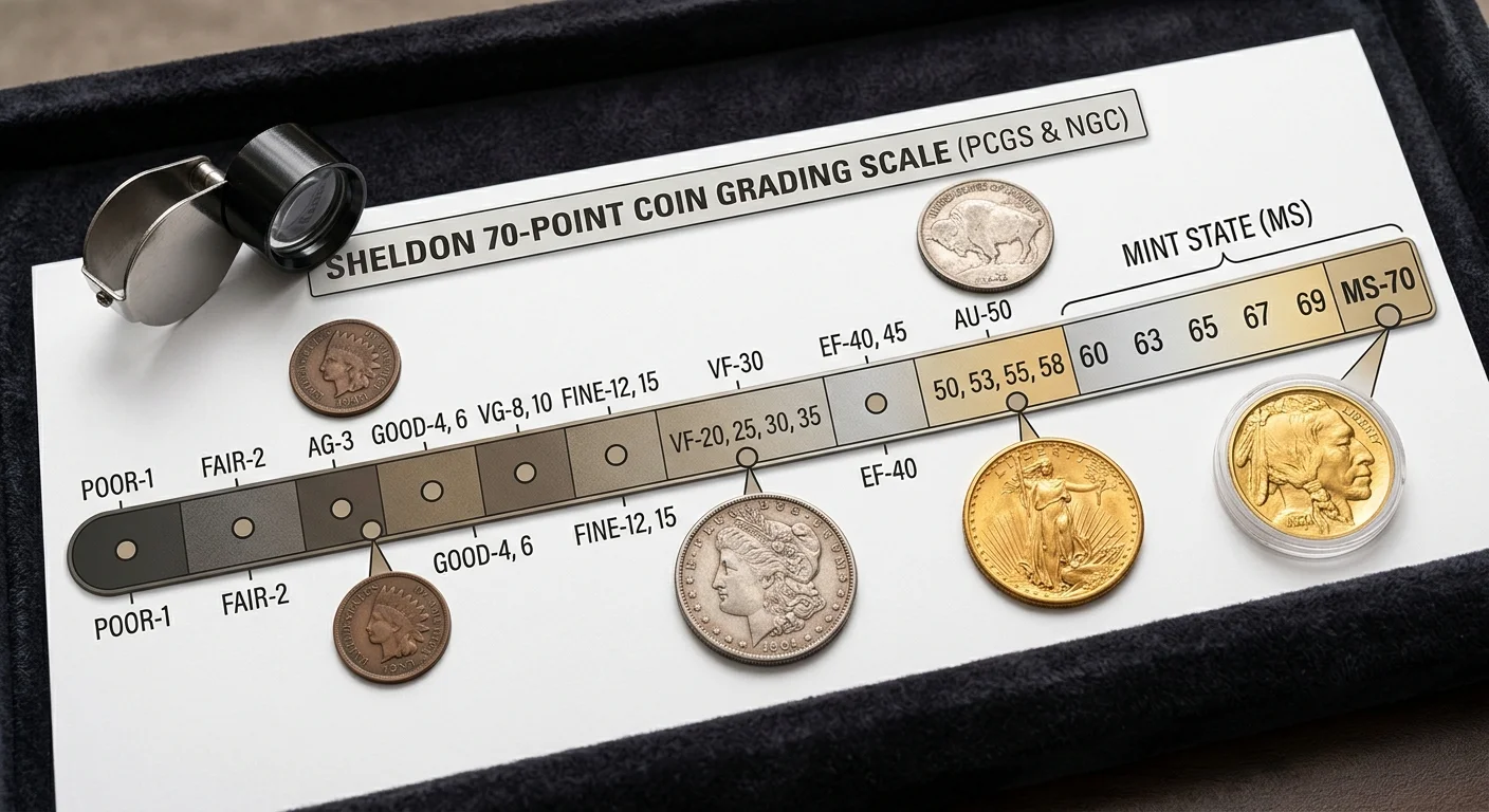Diagram of the Sheldon 70-point coin grading scale from Poor-1 to Mint State 70