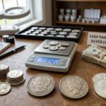 Silver coins being evaluated for cash sale