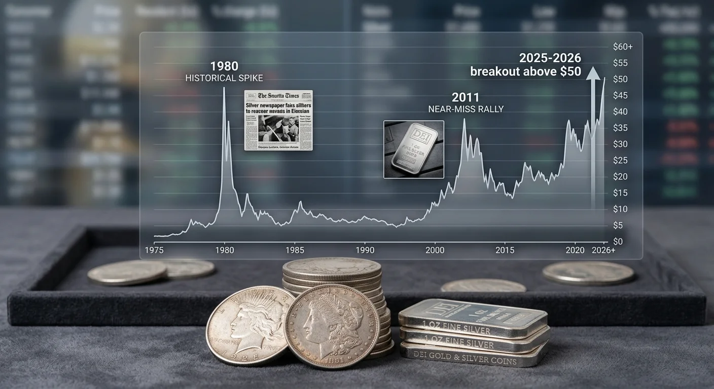 Silver price chart showing the 1980 high, 2011 near-miss, and 2025-2026 record breakout