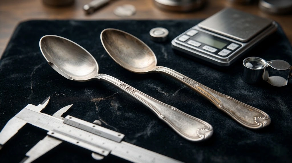 Sterling silver and silver-plated flatware compared by markings and worn metal