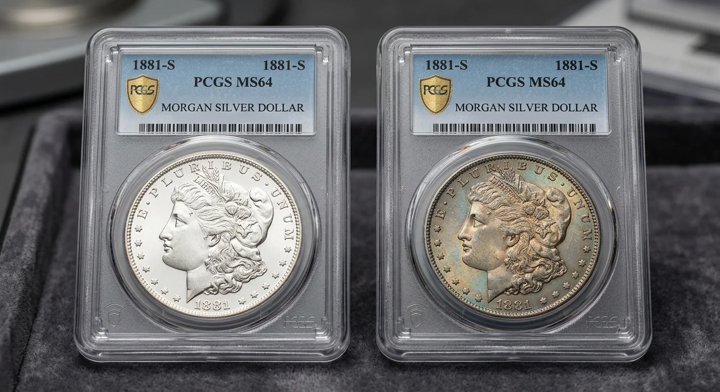 Two certified Morgan dollars with the same grade but different luster and toning