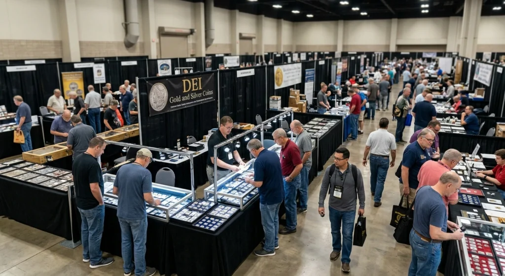 Coin show bourse floor with dealer tables and collectors browsing rare coins