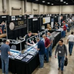 Coin show bourse floor with dealer tables and collectors browsing rare coins
