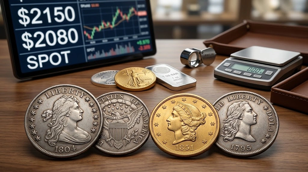 Rare U.S. gold and silver coins showing the difference between spot price and sell price