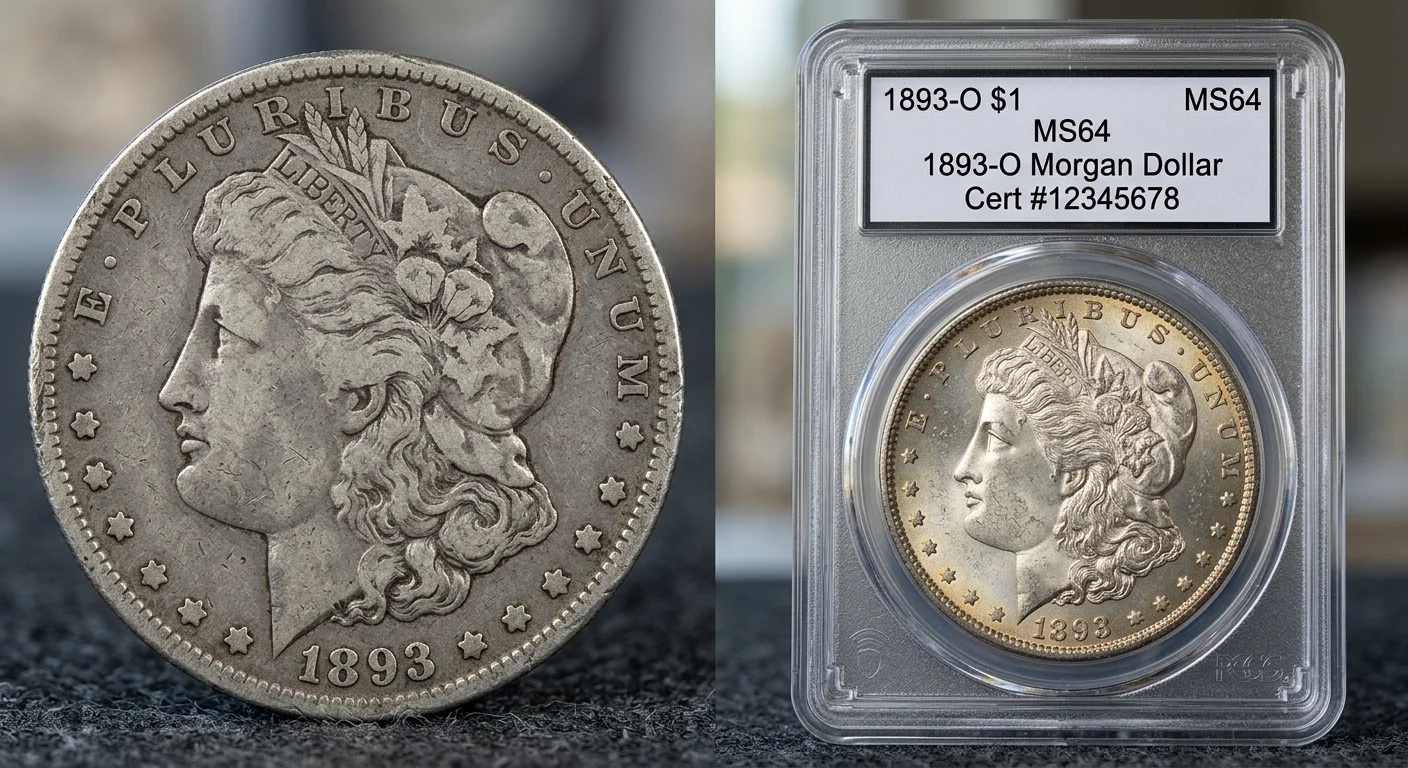 Worn coin compared to a high-grade certified coin of the same date and denomination